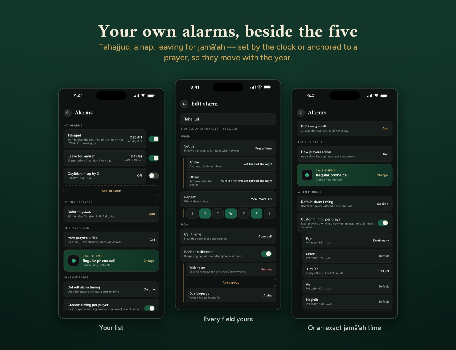 The custom alarms list, the alarm editor anchored to the last third of the night, and per-prayer alarm timings including an exact Jumu'ah time