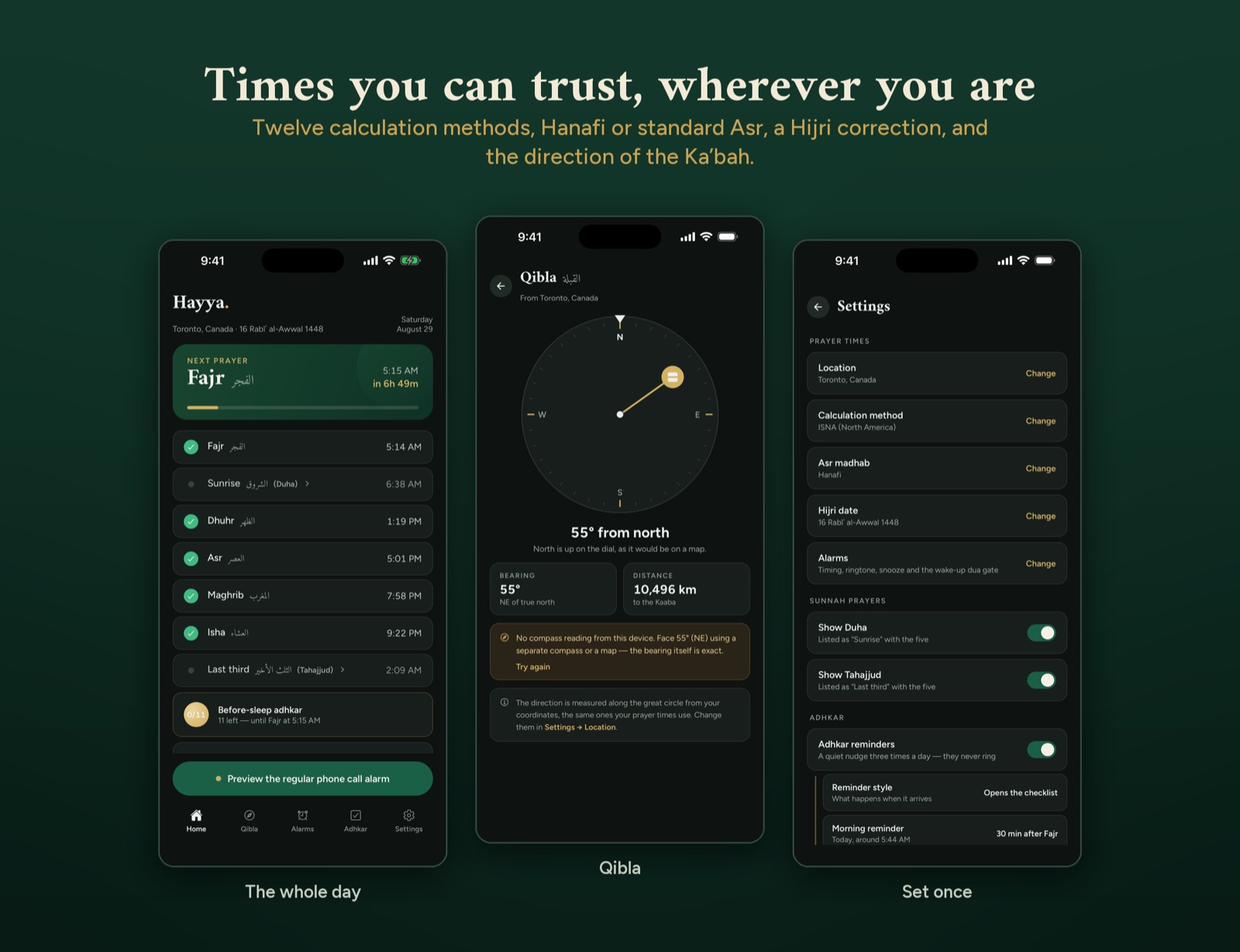 The home screen's prayer list, the qibla compass, and the calculation settings