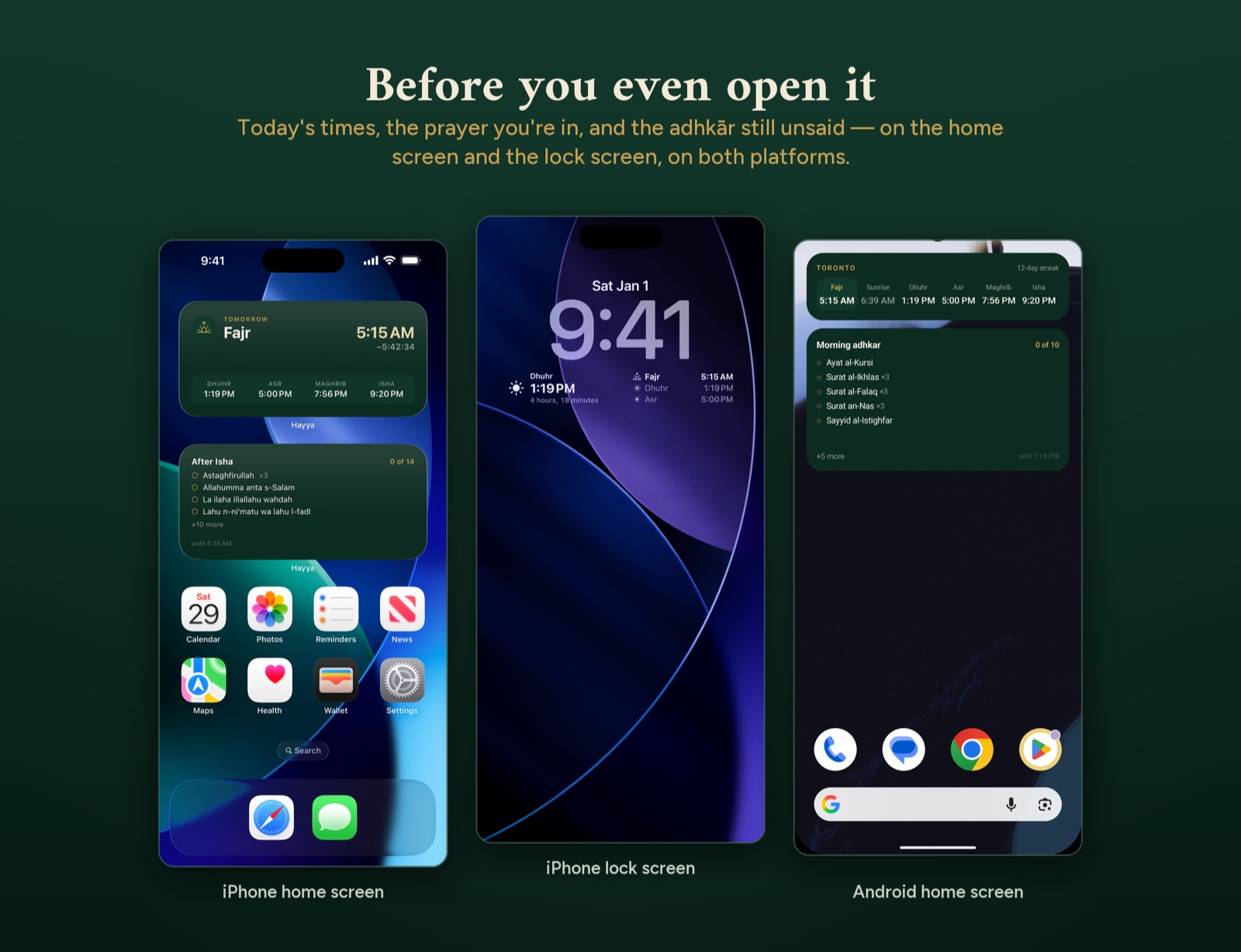 A Hayya widget on the iPhone home screen, on the iPhone lock screen, and on an Android home screen, each showing the day's prayer times