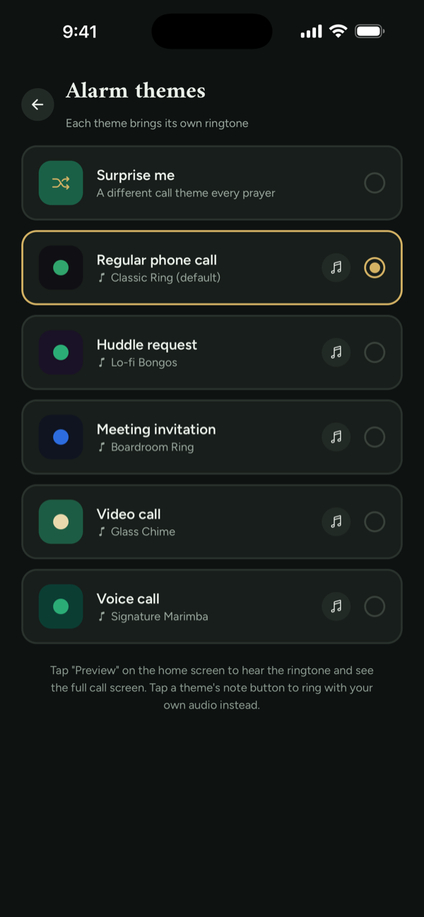 Alarm themes list: surprise me, regular phone call, huddle request, meeting invitation, video call, voice call