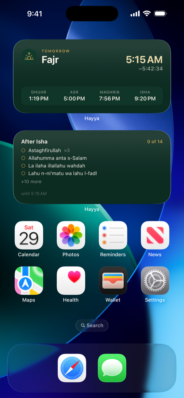 iPhone home screen with a Hayya widget showing tomorrow's Fajr and today's remaining prayer times, and a second widget listing the after-Isha adhkar