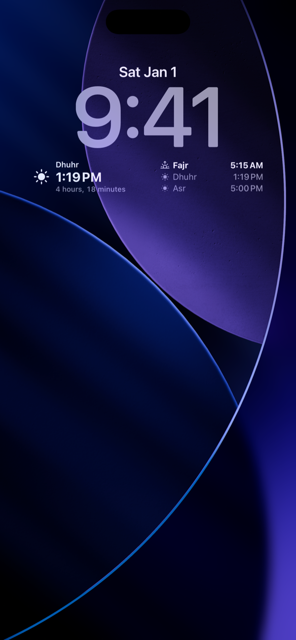 iPhone lock screen with a circular Hayya widget counting down to Dhuhr and a rectangular one listing Fajr, Dhuhr and Asr