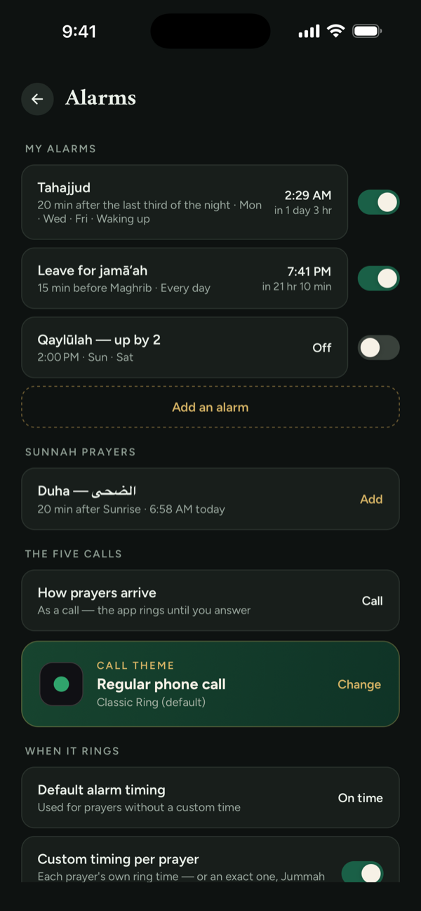 Alarms screen listing custom alarms for Tahajjud and leaving for jama'ah, sunnah prayers, and the five prayer calls