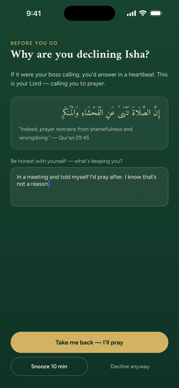 Decline screen asking why you are declining Isha, with a Qur'anic reminder and a text box for your reason